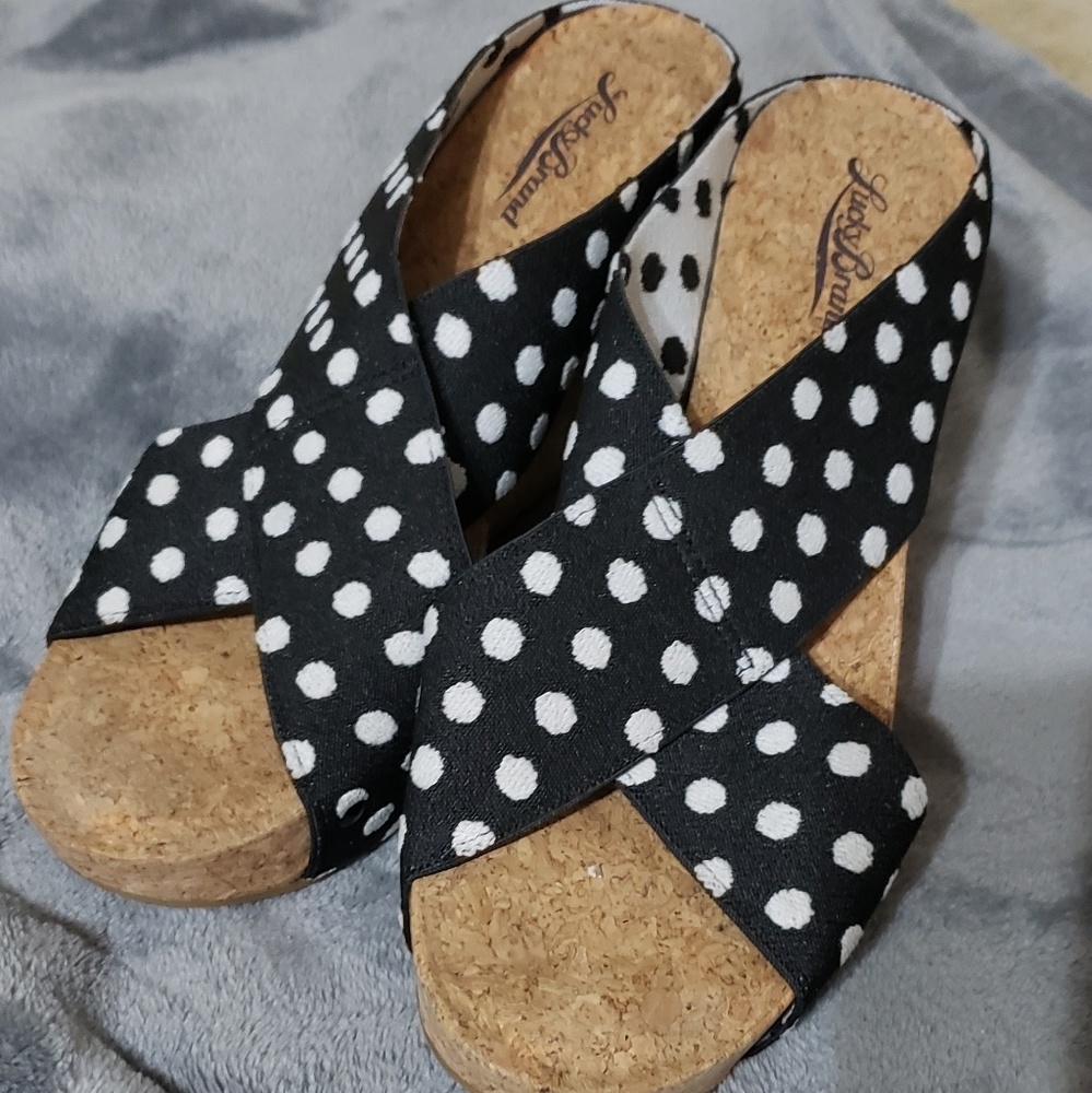 Luck Brand, black and white polka dot cork wedges.